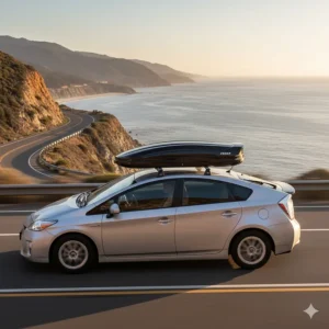 Diagram showing an aerodynamic cargo box mounted on the Prius roof rack, highlighting efficient storage for long trips.