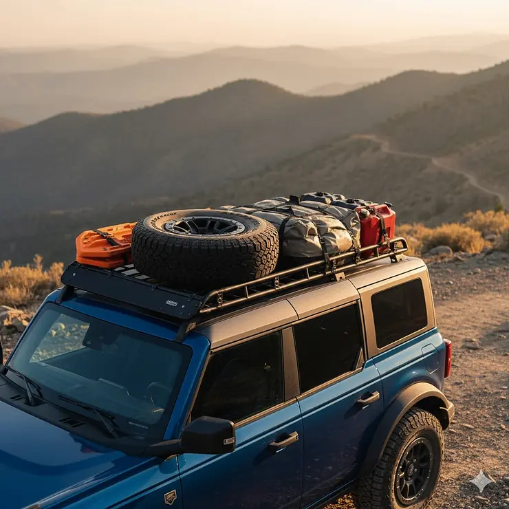 A Ford Bronco equipped with a heavy-duty roof rack securely loaded with essential overlanding gear like recovery boards and a spare tire, ready for off-road adventure.