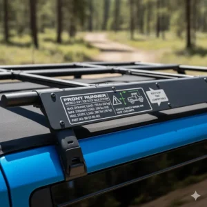 A technical image showing the official specifications and maximum load capacity rating for a durable roof rack compatible with the Ford Bronco soft top.