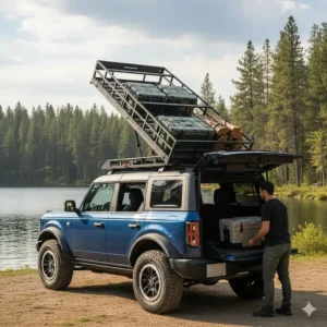 Demonstrating how the roof rack pivots or tilts to allow easy rear access to the cargo area when the Bronco's soft top is folded back.
