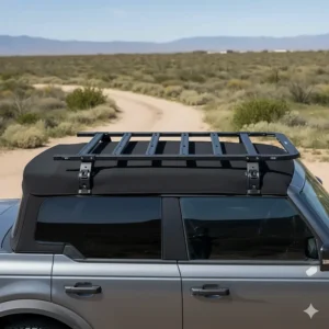 A side-profile view of the sleek, empty roof rack system installed on the black soft top of a four-door Bronco.