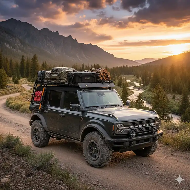 A rugged Ford Bronco with a soft top, showcasing a fully loaded roof rack carrying camping gear and luggage on a scenic mountain trail.