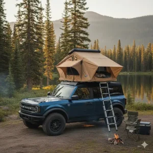 A Bronco parked off-road with a rooftop tent mounted securely on the heavy-duty soft top roof rack system.
