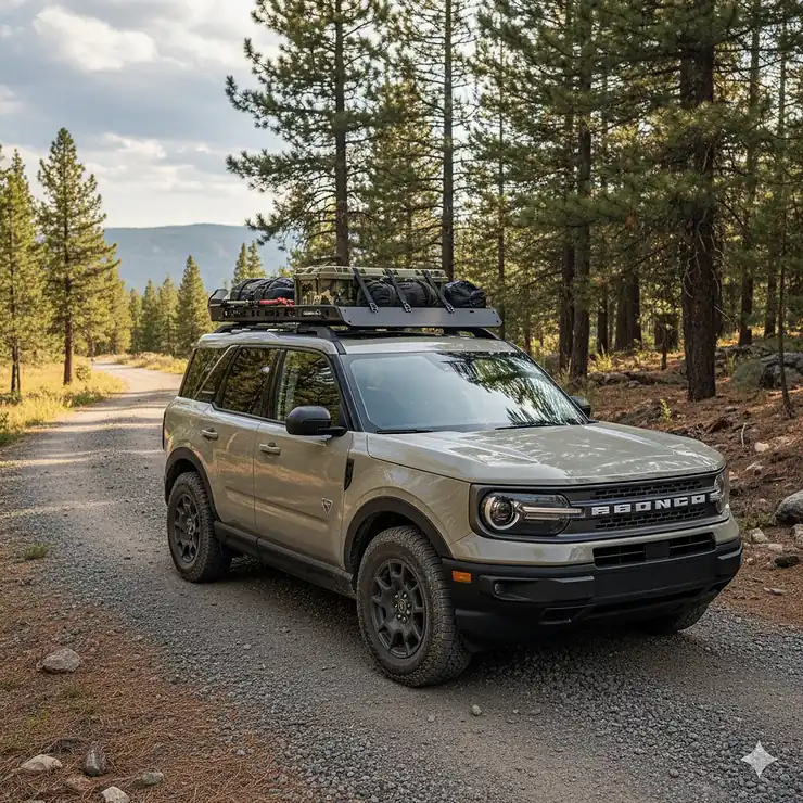 A rugged Ford Bronco Sport SUV parked outdoors, showcasing a heavy-duty roof rack platform with gear securely mounted for an off-road adventure.