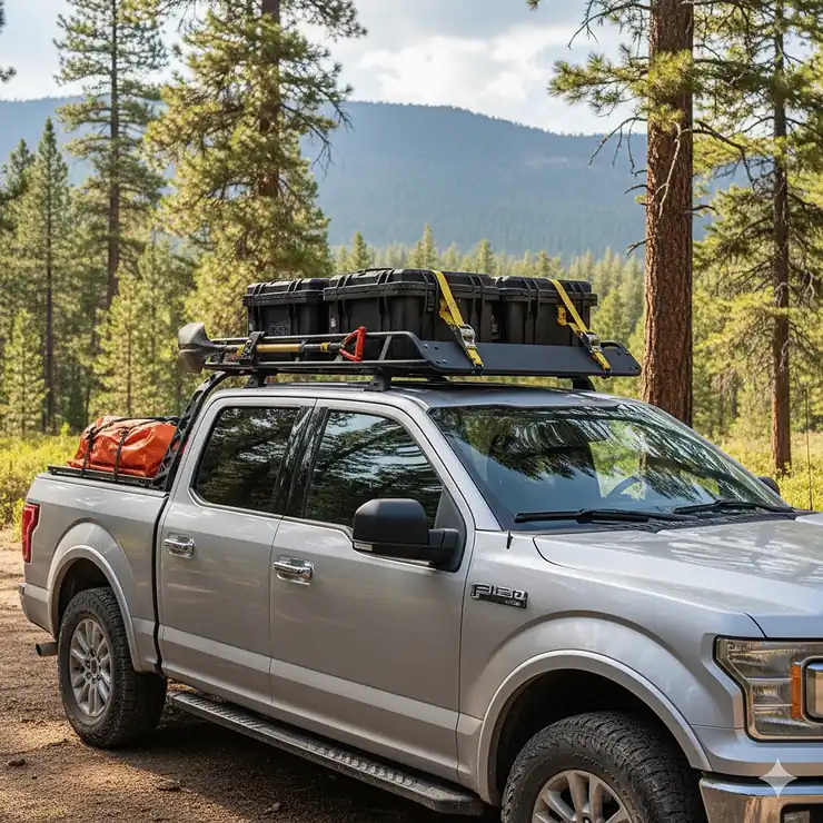 A black, heavy-duty F150 roof rack installed on a silver Ford F-150 truck, securely carrying two large gear cases, illustrating its capacity and robust design for all your adventure equipment.