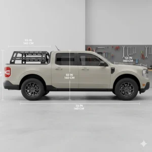 An illustration showing the dimensions and height clearance of the modular Ford Maverick bed rack system.