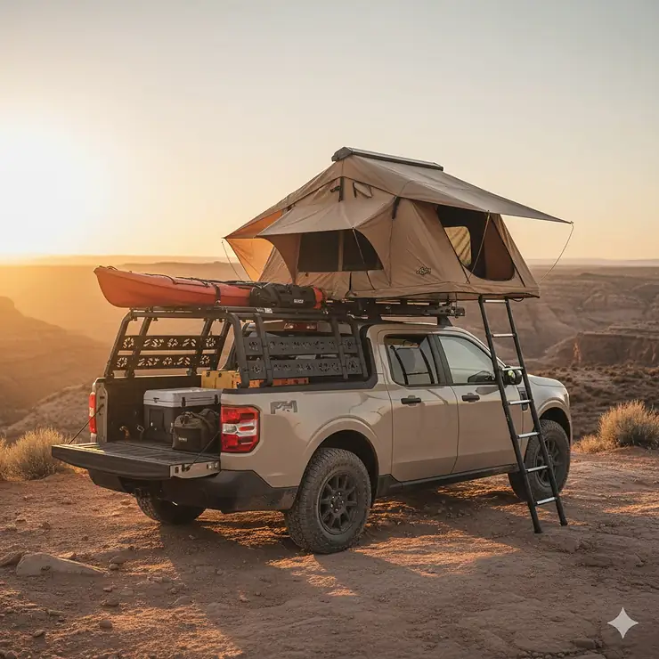 A close-up view of a Ford Maverick truck with a heavy-duty bed rack system securely installed, perfect for carrying kayaks or rooftop tents.