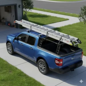 The Ford Maverick utilizing its truck bed rack to carry a long extension ladder securely above the cab.