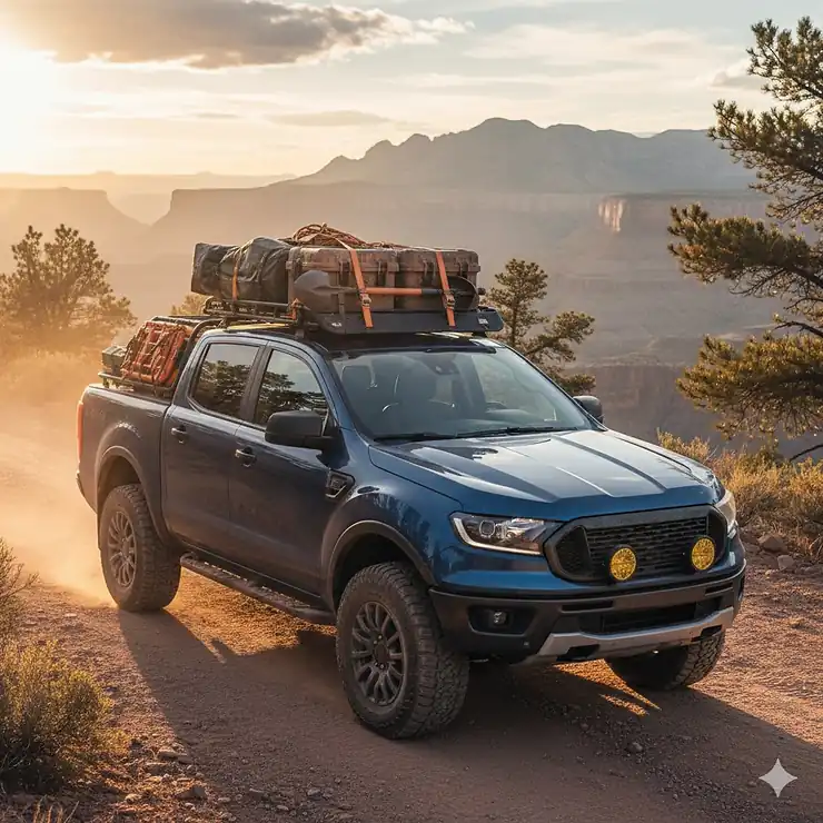 A rugged Ford Ranger pickup truck with a heavy-duty roof rack fully loaded with gear for an overland adventure.
