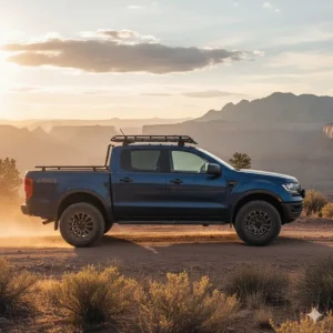 Side profile of a black Ford Ranger featuring a sleek, low-profile roof rack design.