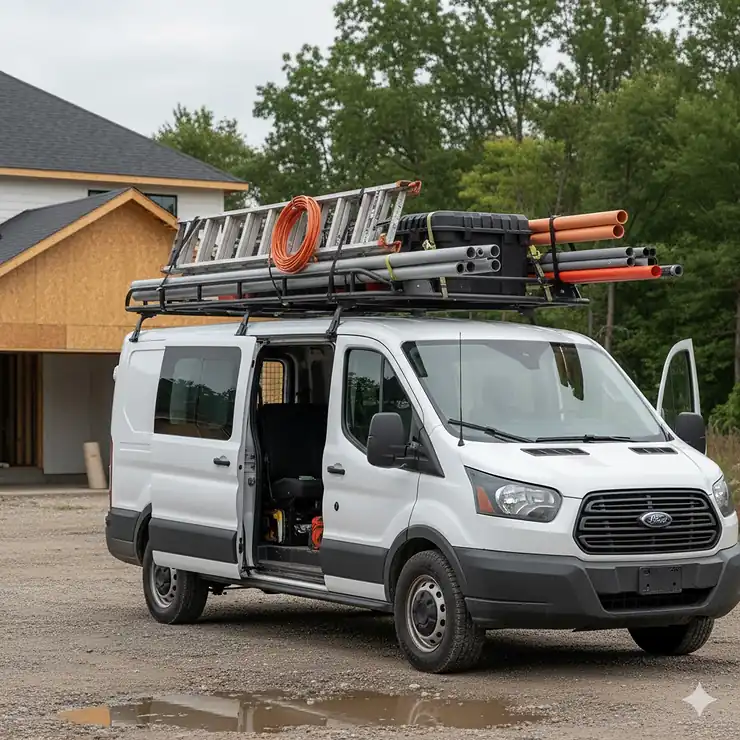 A Ford Transit van with a heavy-duty roof rack securely mounted and loaded with ladders and equipment, showing its utility for contractors.