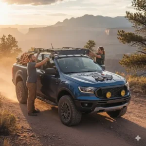 Step-by-step process of a person performing a DIY installation of a new Ford Ranger roof rack.