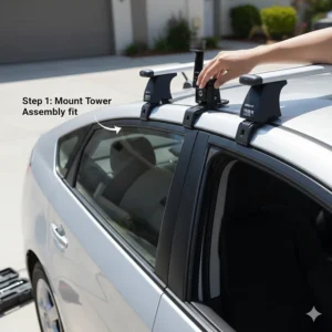 Step-by-step graphic illustrating the correct placement and mounting of the base towers onto the Toyota Prius door frame.