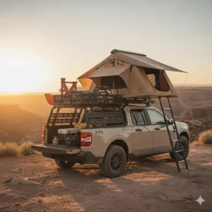 A view of a cargo basket attached to the Ford Maverick bed rack, filled with recovery gear and tools.