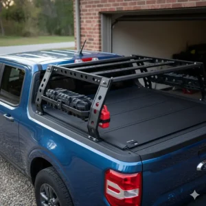 Demonstrating the Ford Maverick bed rack's compatibility with tonneau covers and other truck accessories.