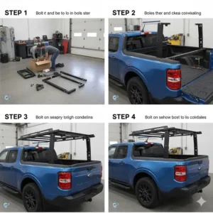 A sequential illustration depicting the easy bolt-on installation process for the new Maverick truck bed rack.