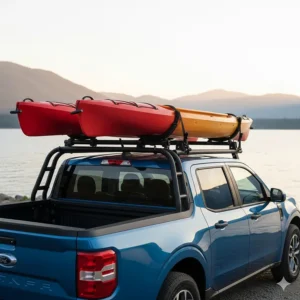 A detailed shot of the bed rack on a Ford Maverick safely hauling two kayaks using specialized mounting hardware.