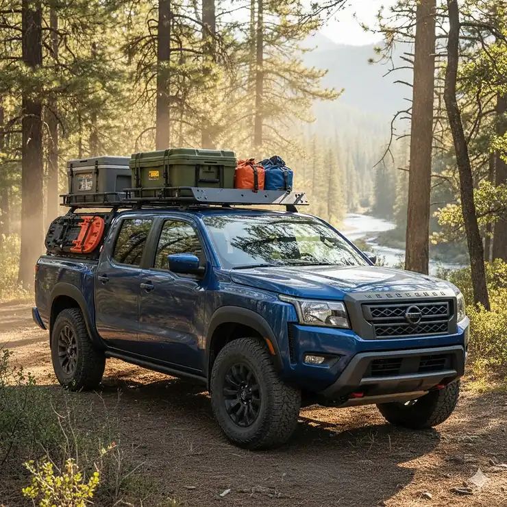 Nissan Frontier with a heavy-duty roof rack installed, fully loaded with outdoor adventure gear for an off-road trip.