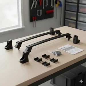 An exploded view diagram showing the main parts of a Prius roof rack kit: crossbars, towers, and fit-specific base clips.