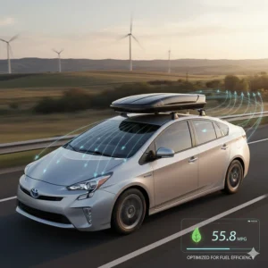 Illustration of the low-profile design of the Prius roof rack, emphasizing minimal impact on the hybrid car's fuel efficiency.
