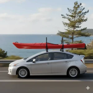 Side view of a Prius roof rack equipped with a kayak carrier attachment, demonstrating its ability to transport recreational boats.