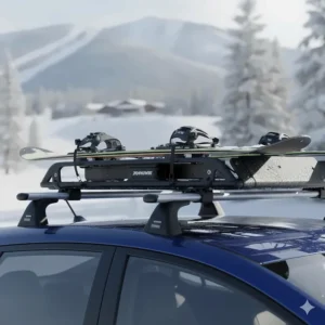 Close-up of a ski and snowboard attachment locked onto the Prius roof rack crossbars, showing winter sports capacity.