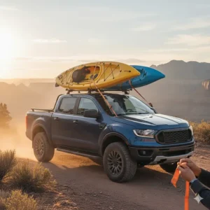 Ford Ranger roof rack equipped with specialized attachments for securely carrying two kayaks.
