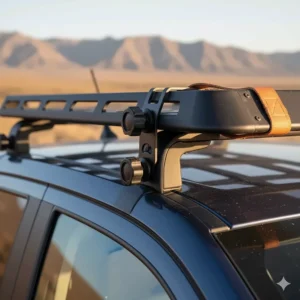 Close-up view of the secure, no-drill mounting system for a Ford Ranger roof rack.