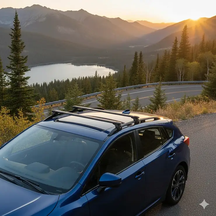 A black Subaru Impreza with a sleek, low-profile aerodynamic roof rack system installed, ready for cargo or sports gear.