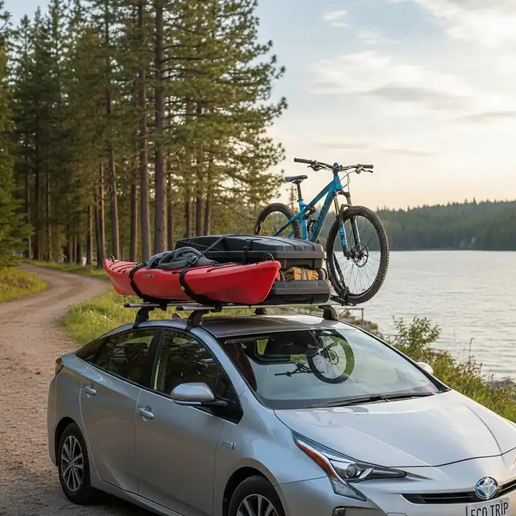A Toyota Prius with a fully installed, aerodynamic roof rack system, ready for carrying luggage or outdoor gear.