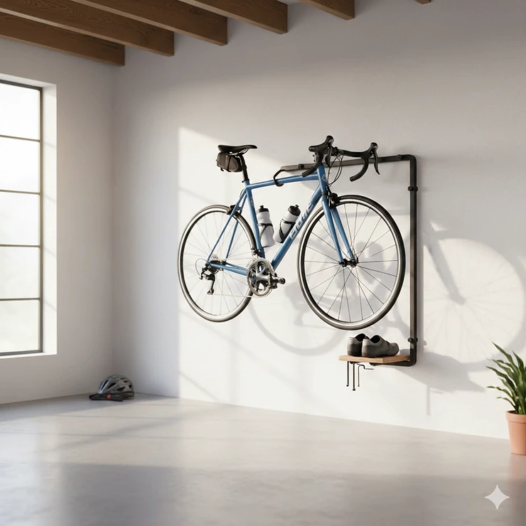 Wall mounted bike rack securely holding a road bicycle in a garage, demonstrating effective space-saving storage.