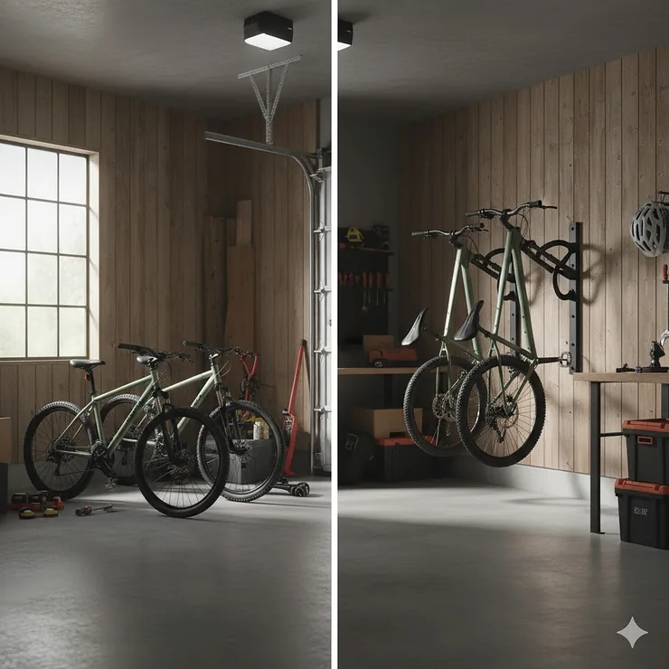 Comparison photo illustrating how the vertical bike rack for wall setup frees up significant garage floor space compared to floor stands.