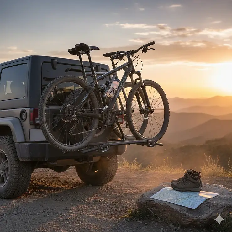 A durable, black metal spare tire bike rack securely mounted on the back of a Jeep Wrangler, carrying two mountain bikes, ready for an off-road trip.